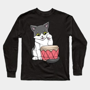 Cat as musician with drum Long Sleeve T-Shirt